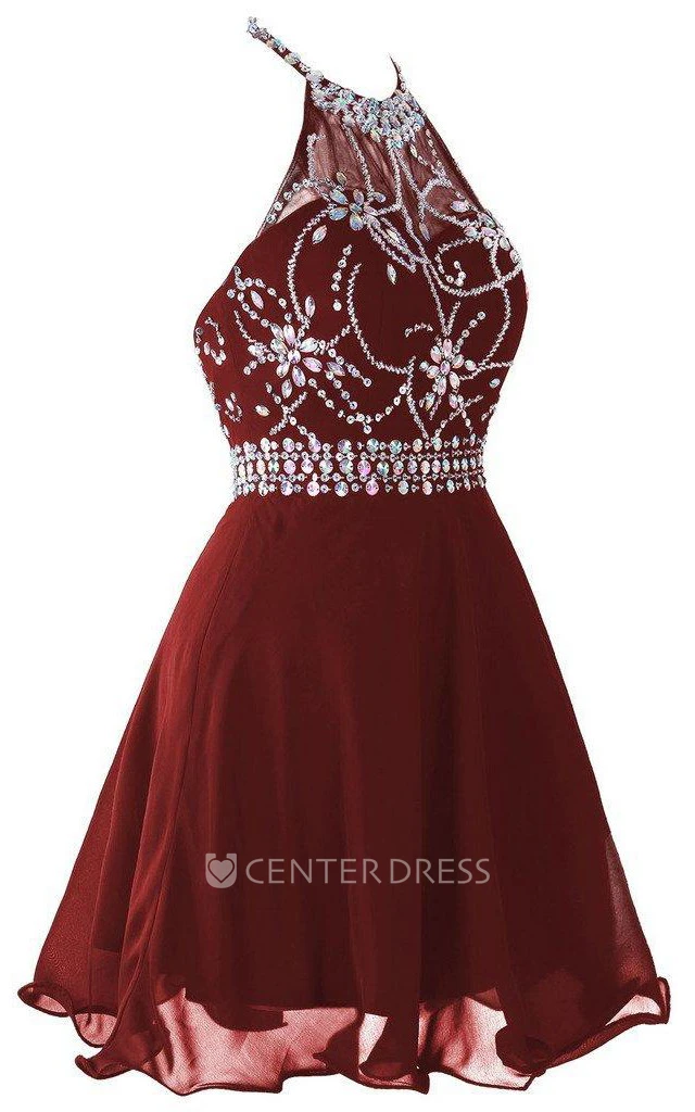 Halter Short Prom Dress With Beadings And Rhinestones