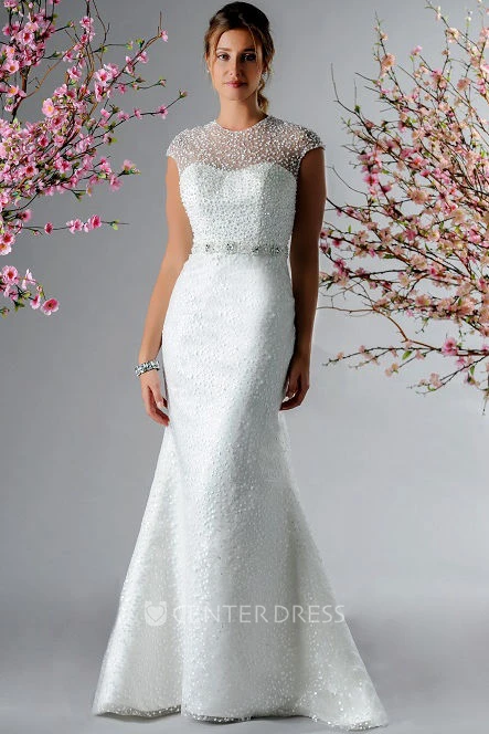 Cap Sleeve Sequined Mermaid Bridal Gown With Beading Waist