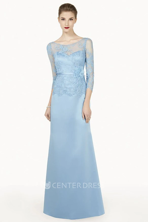 Lace Top Scoop Neck Satin Long Prom Dress With 3-4 Sleeve And Floral Satin Sash