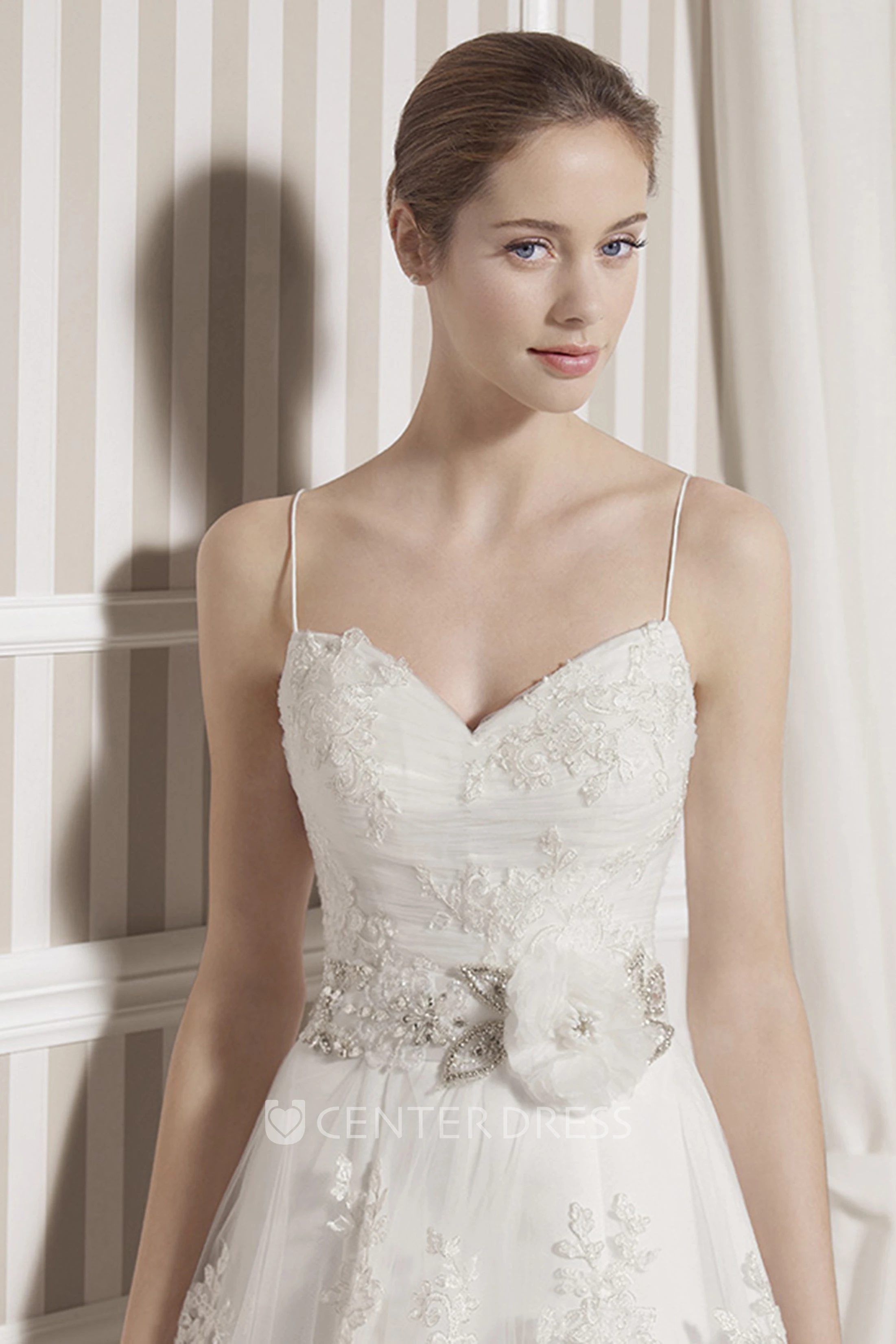 A-Line Spaghetti Appliqued Lace Wedding Dress With Flower And Court Train
