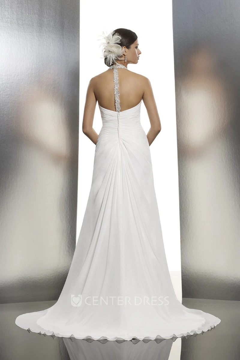 A-Line Halter Floor-Length Sleeveless Ruched Chiffon Wedding Dress With Split Front