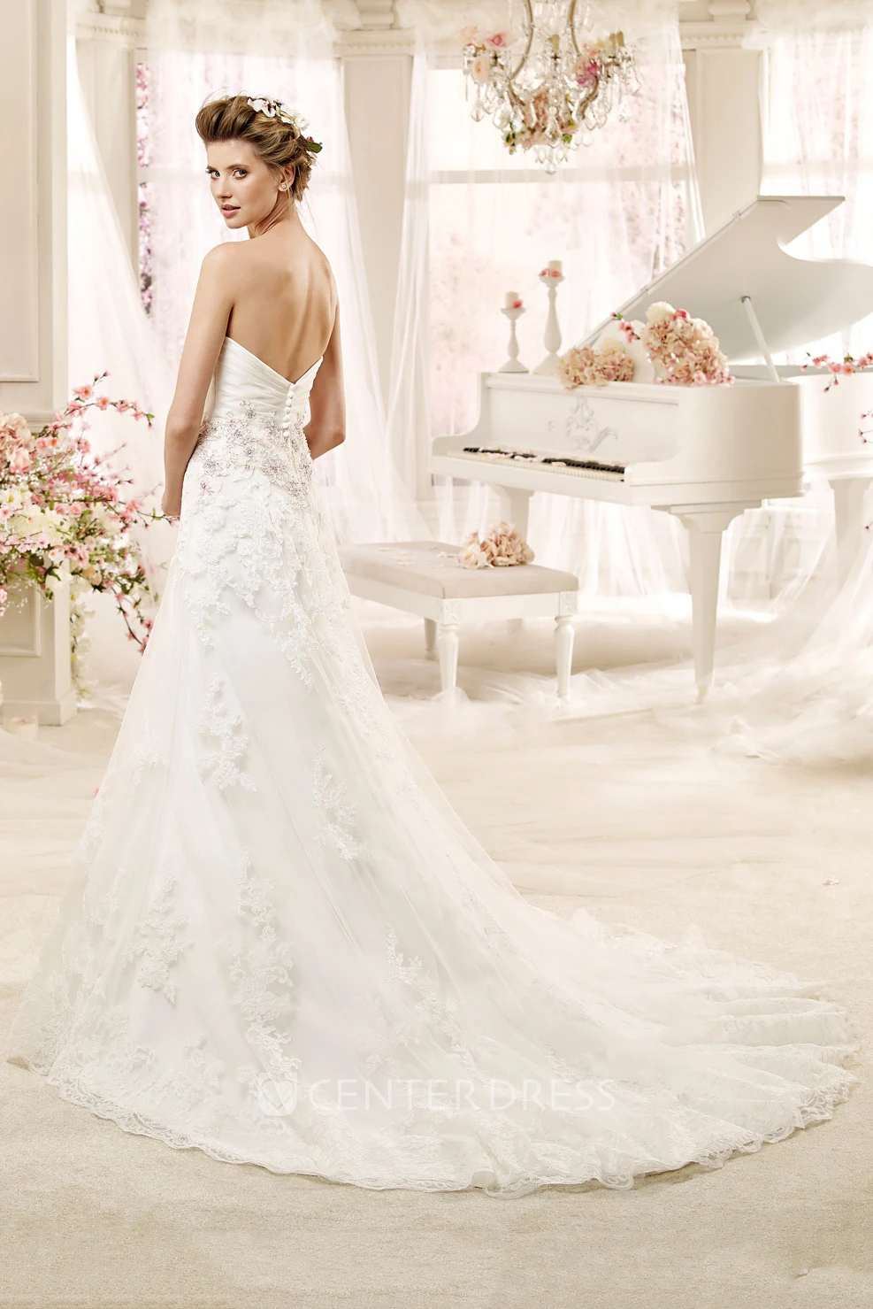 Sweetheart Flower A-line Wedding Dress with Beaded Appliques and Pleated Bodice