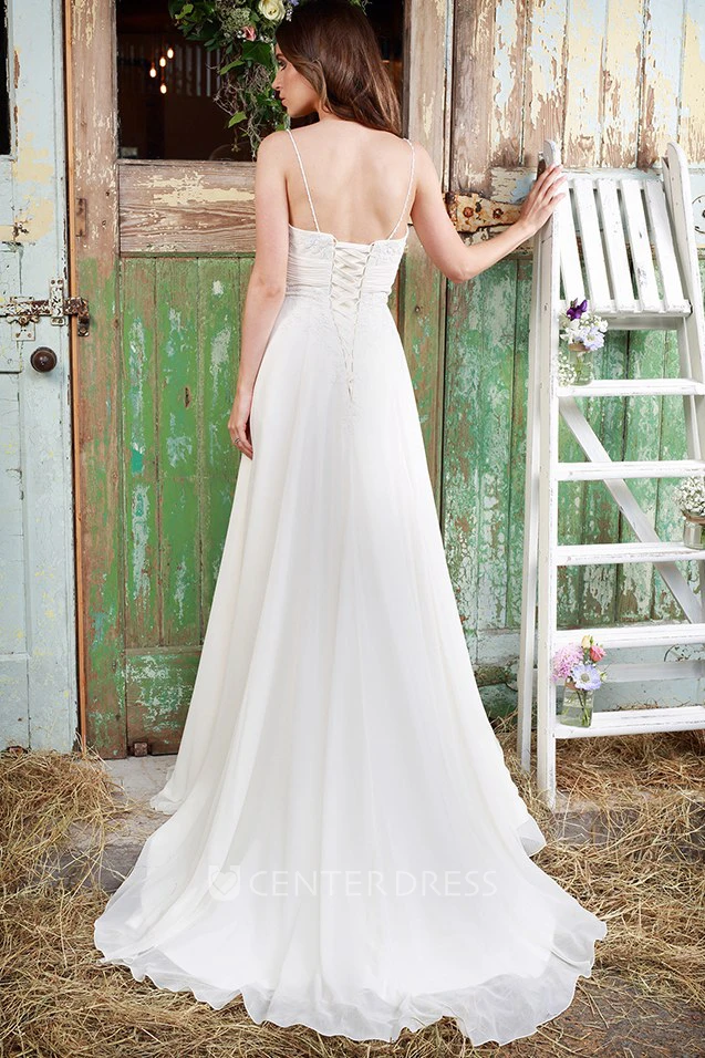 Pleated Spaghetti Long Chiffon Wedding Dress With Appliques And Corset Back