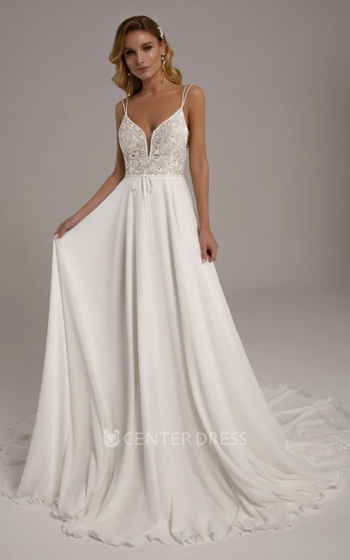 Modern A-Line Chiffon and Lace Plunging Neckline Court Train Wedding Dress