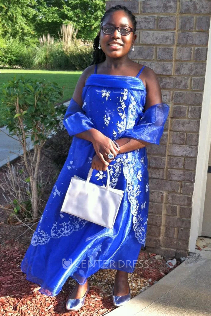 Ankle-Length Spaghetti Cape Beaded Organza Flower Girl Dress