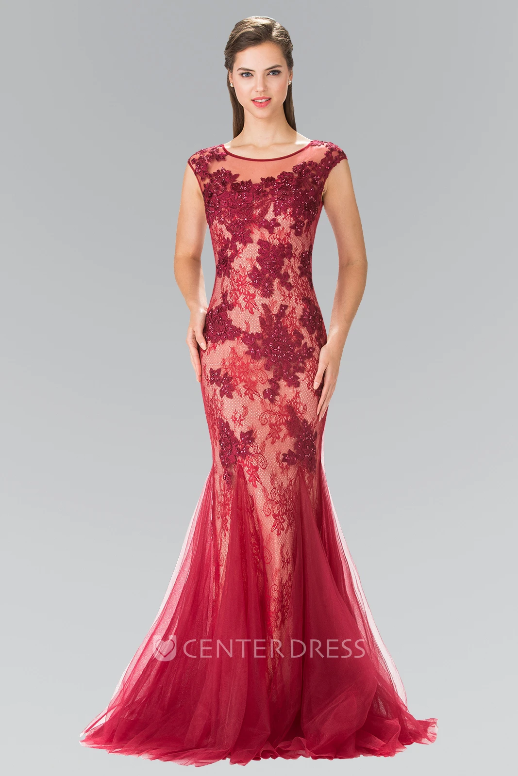 Trumpet Scoop-Neck Cap-Sleeve Lace Tulle Illusion Dress With Appliques