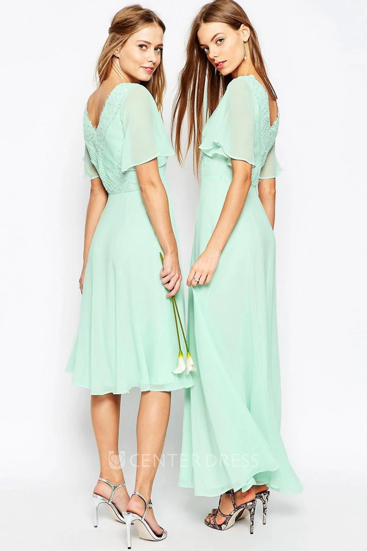 Knee-Length Ruched Poet Sleeve V-Neck Chiffon Bridesmaid Dress With Lace