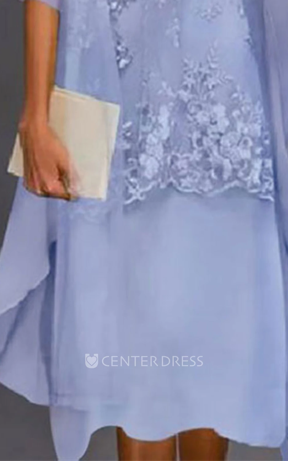 Knee-length Mother of the Bride Dress with Illusion Sleeves and Chiffon Skirt Elegant