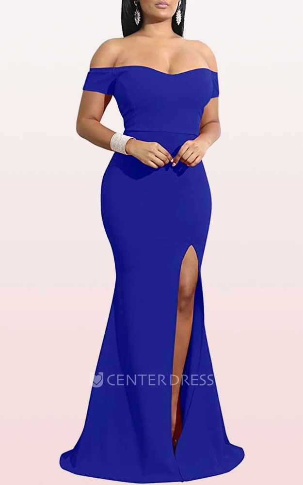 Romantic Mermaid Off-the-shoulder Sleeveless Jersey Evening Formal Dress With Split Front