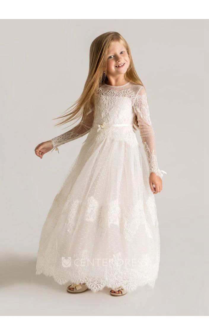 Lace Long Sleeve Tulle Modern A-Line Flower Girl Dress