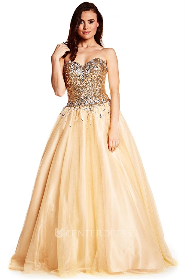 Ball Gown Sweetheart Sequined Sleeveless Tulle Prom Dress