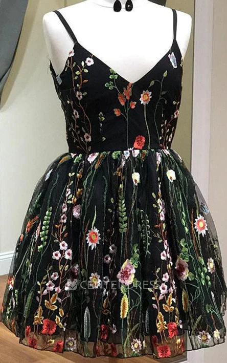 Sleeveless A Line Spaghetti Strap Lace Homecoming Dress With Low-V Back