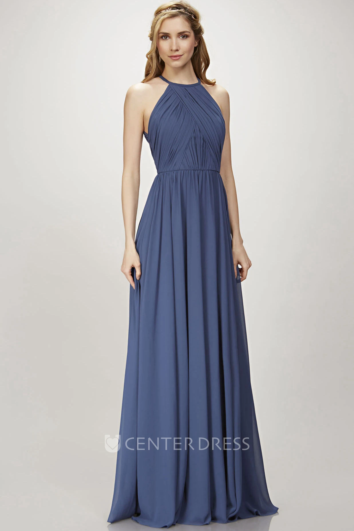 A-Line Scoop Maxi Pleated Sleeveless Chiffon Bridesmaid Dress With Keyhole Back