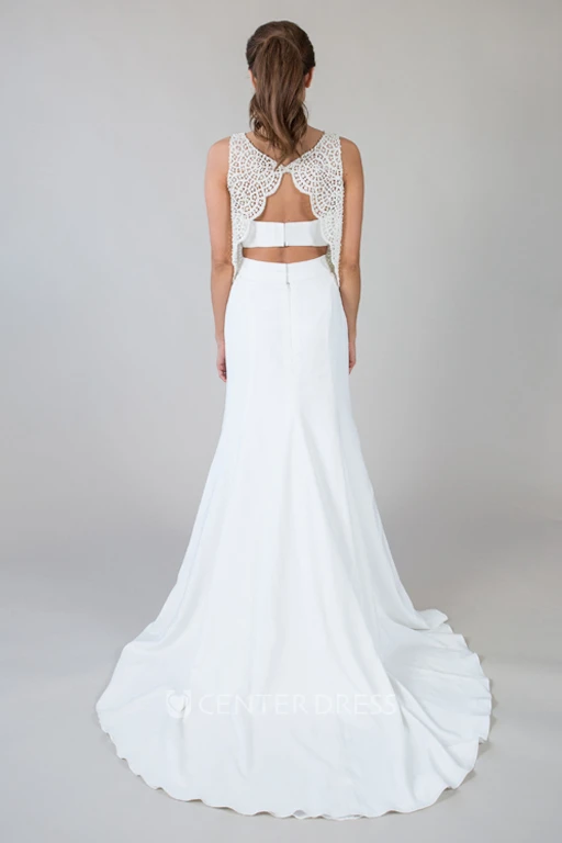 Sheath Sleeveless Floor-Length Scoop-Neck Lace Chiffon Wedding Dress