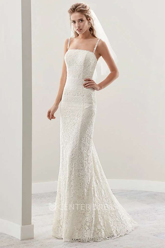 Fine Lace Sheath Bridal Gown With Spaghetti Straps And Low Back