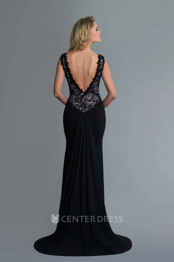 Sheath V-Neck Sleeveless Jersey Lace Deep-V Back Dress