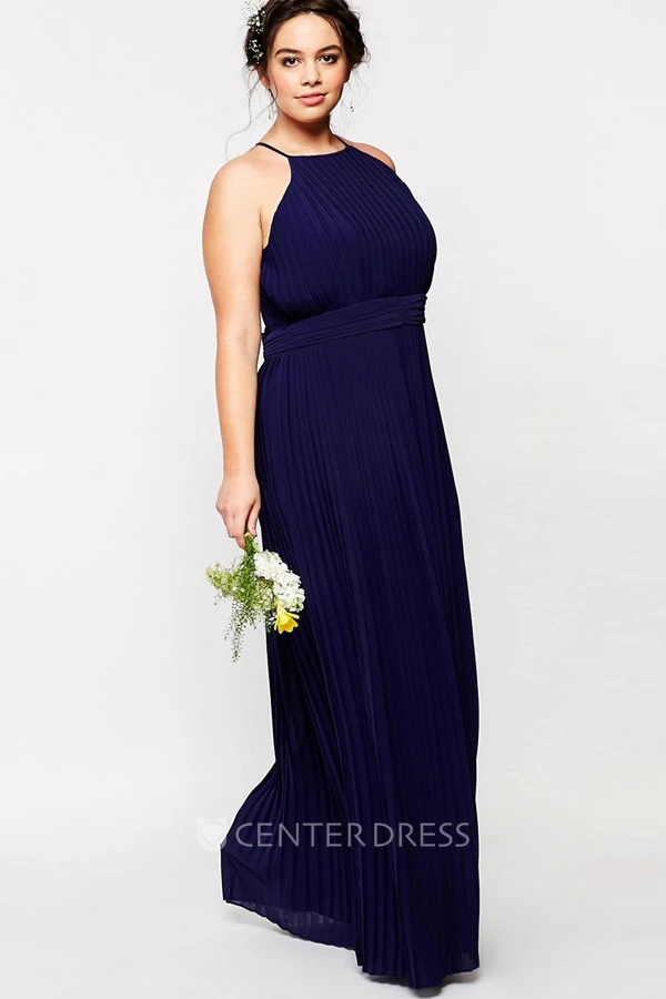 Sheath High Neck Pleated Sleeveless Chiffon Bridesmaid Dress