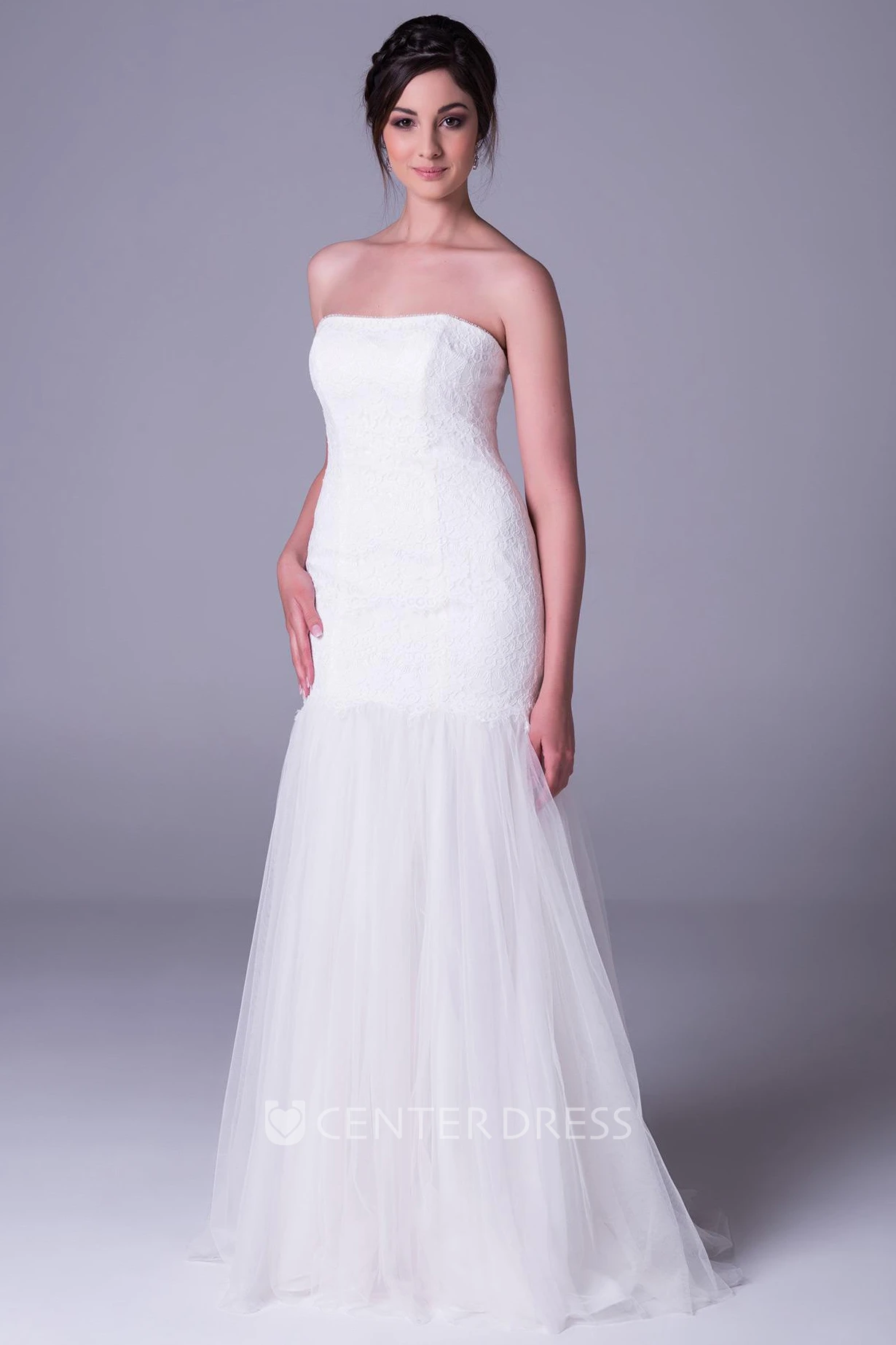 Trumpet Sleeveless Strapless Long Tulle&Lace Wedding Dress