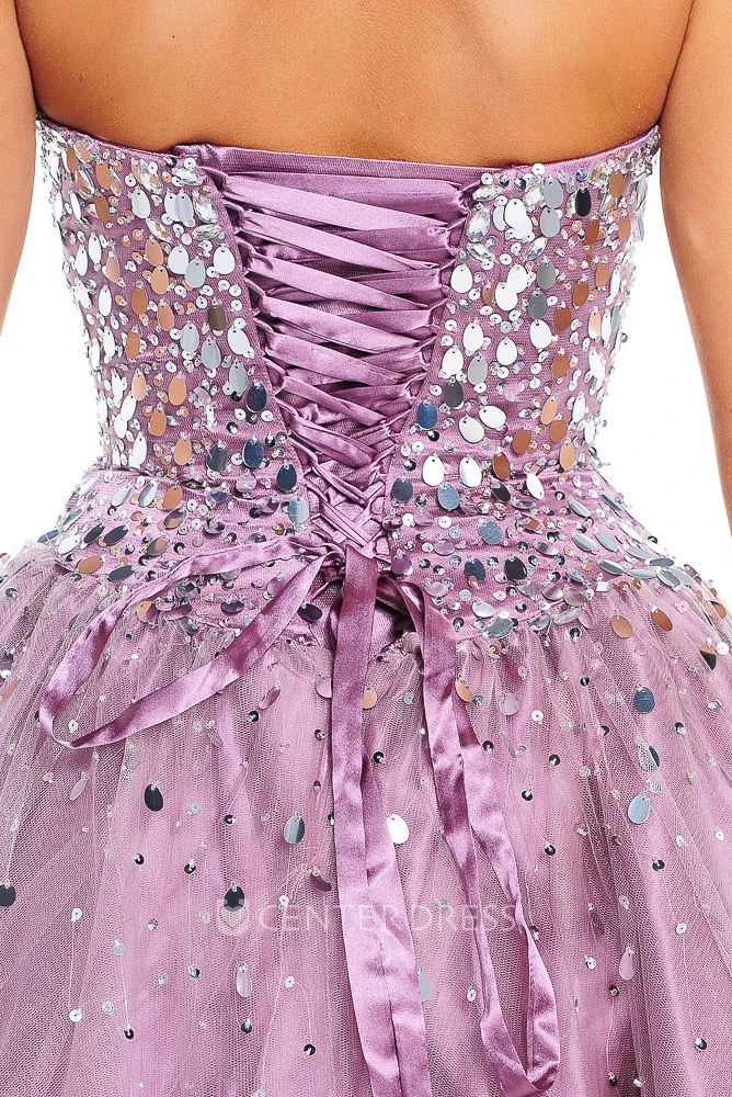 Ball Gown Strapless Sequined Tulle Prom Dress With Beading And Bow