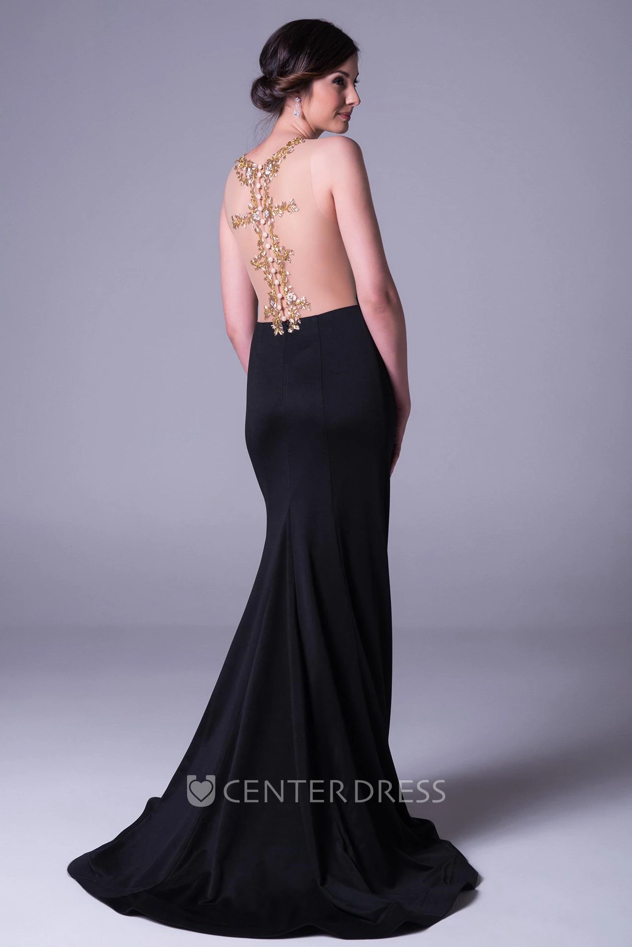 Scoop Long Beaded Chiffon Prom Dress With Sweep Train And Illusion