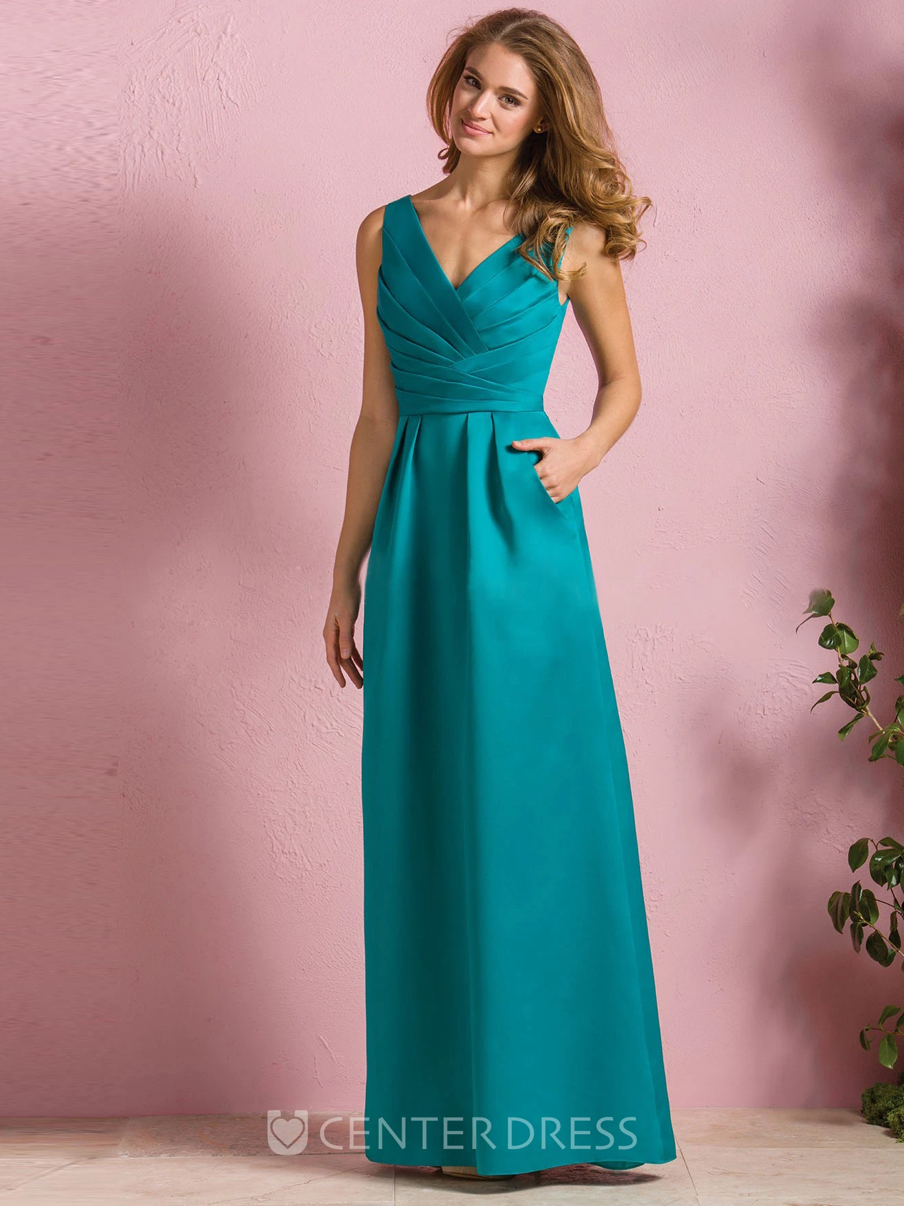 Sleeveless V-Neck A-Line Satin Bridesmaid Dress With Pockets And Keyhole Back