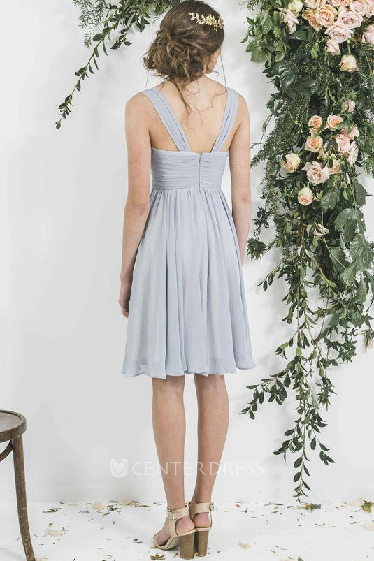 Mini Strapped Pleated Sleeveless Chiffon Bridesmaid Dress