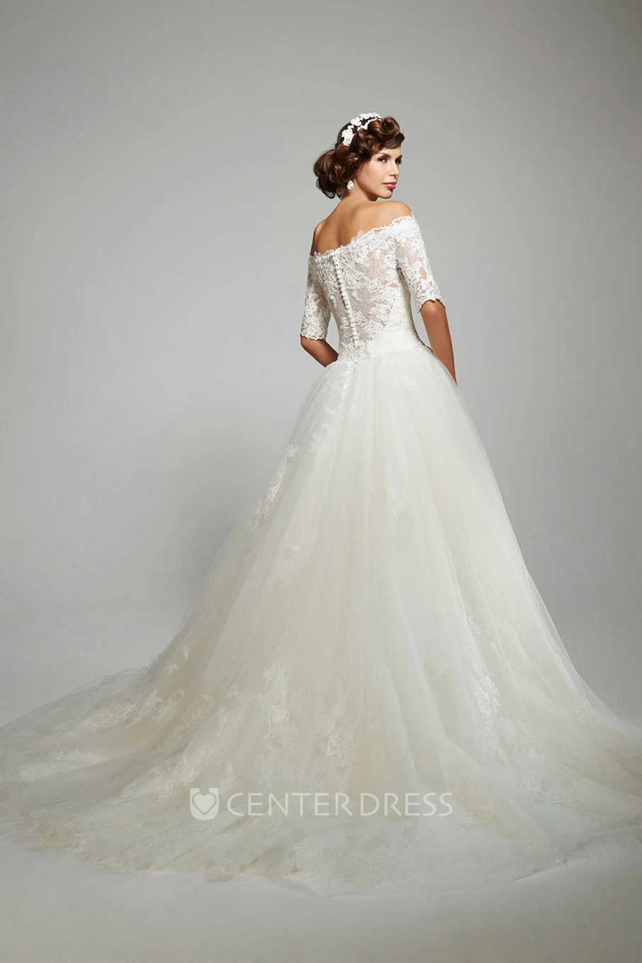 Ball Gown Off-The-Shoulder Appliqued Short Sleeve Tulle Wedding Dress