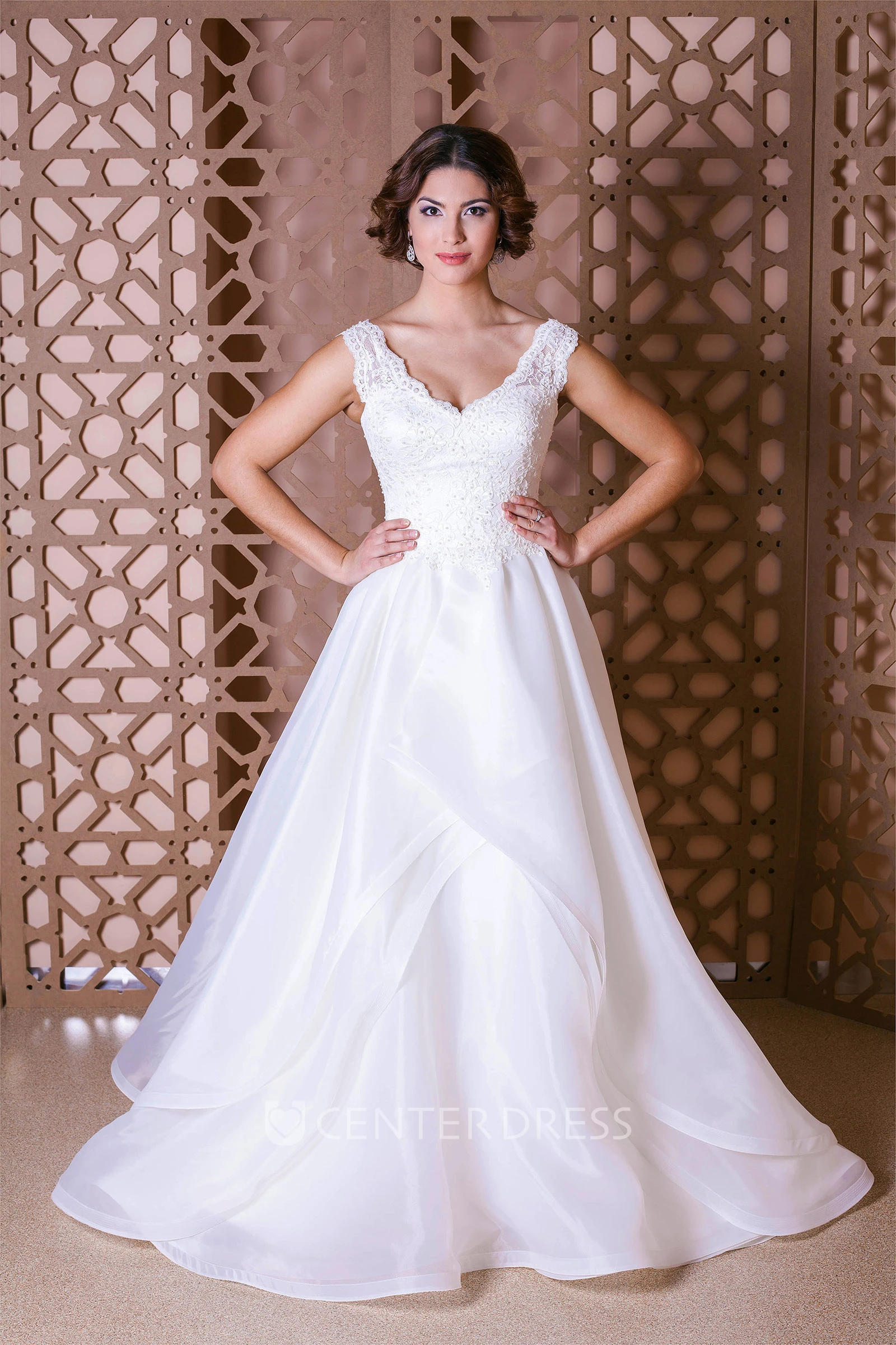 A-Line V-Neck Floor-Length Sleeveless Appliqued Organza Wedding Dress With Tiers