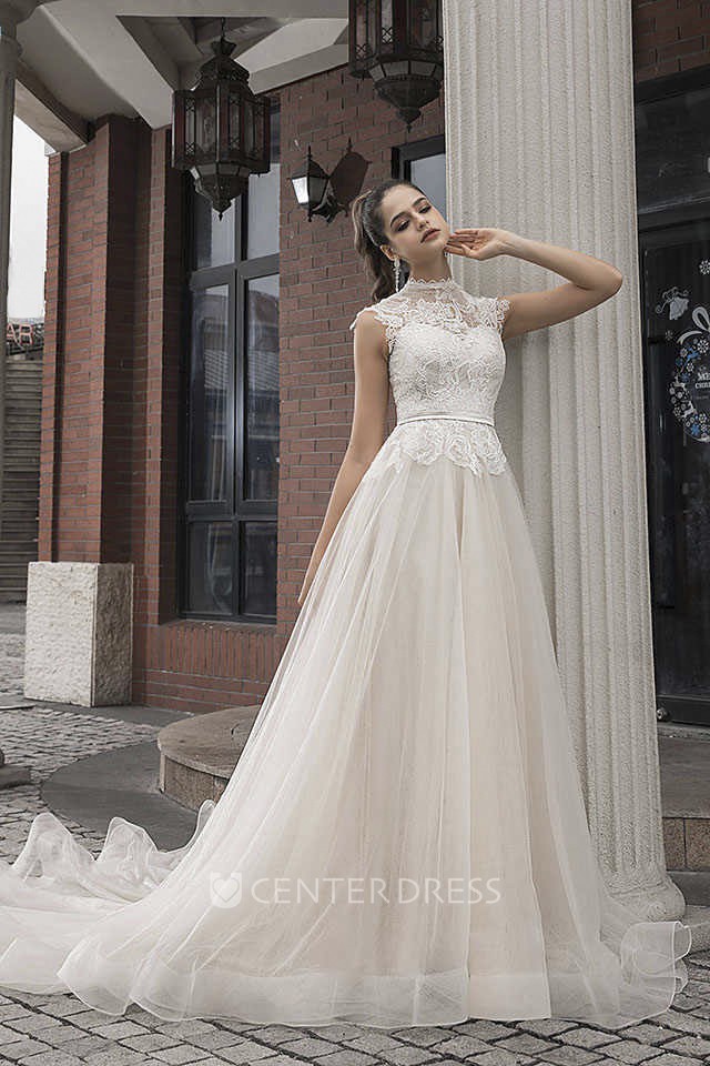 Button Back Vintage Lace Tulle High Neck Cap Sleeve Bridal Gown