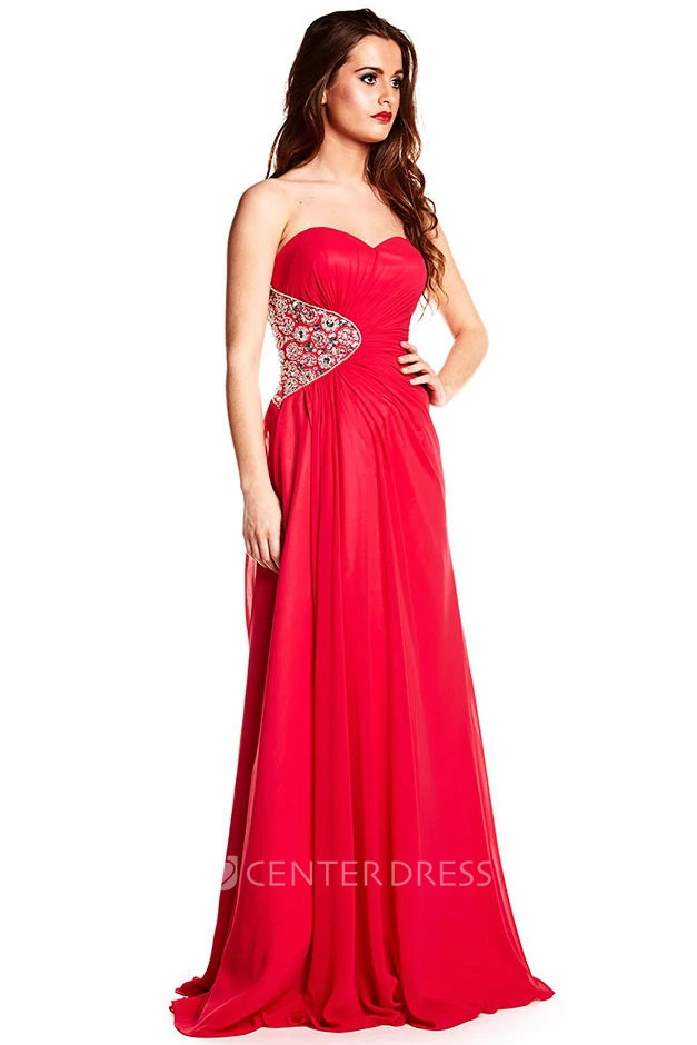 A-Line Sleeveless Long Sweetheart Split-Front Chiffon Prom Dress With Backless Style And Beading