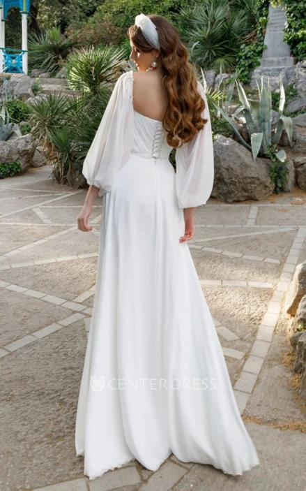 Exquisite A-Line Chiffon Plunging Neckline Floor-length Wedding Dress