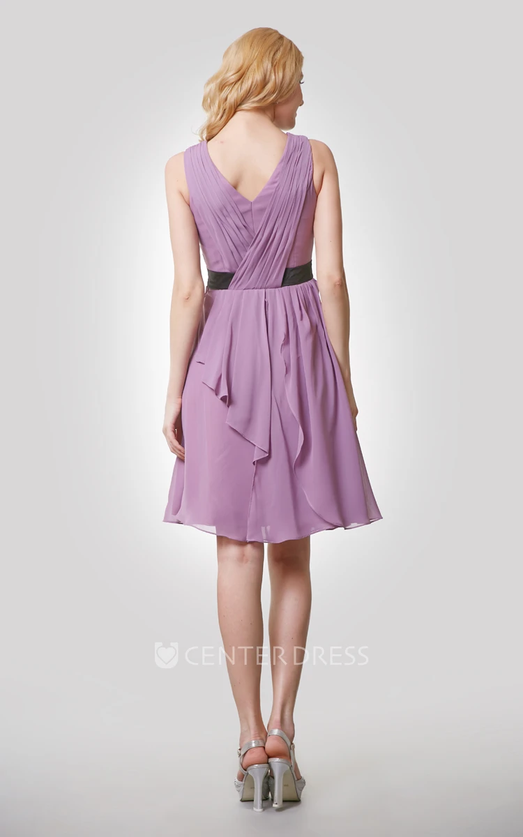 V-Neck Sleeveless Knee Length Chiffon Dress With Pleats and Draping