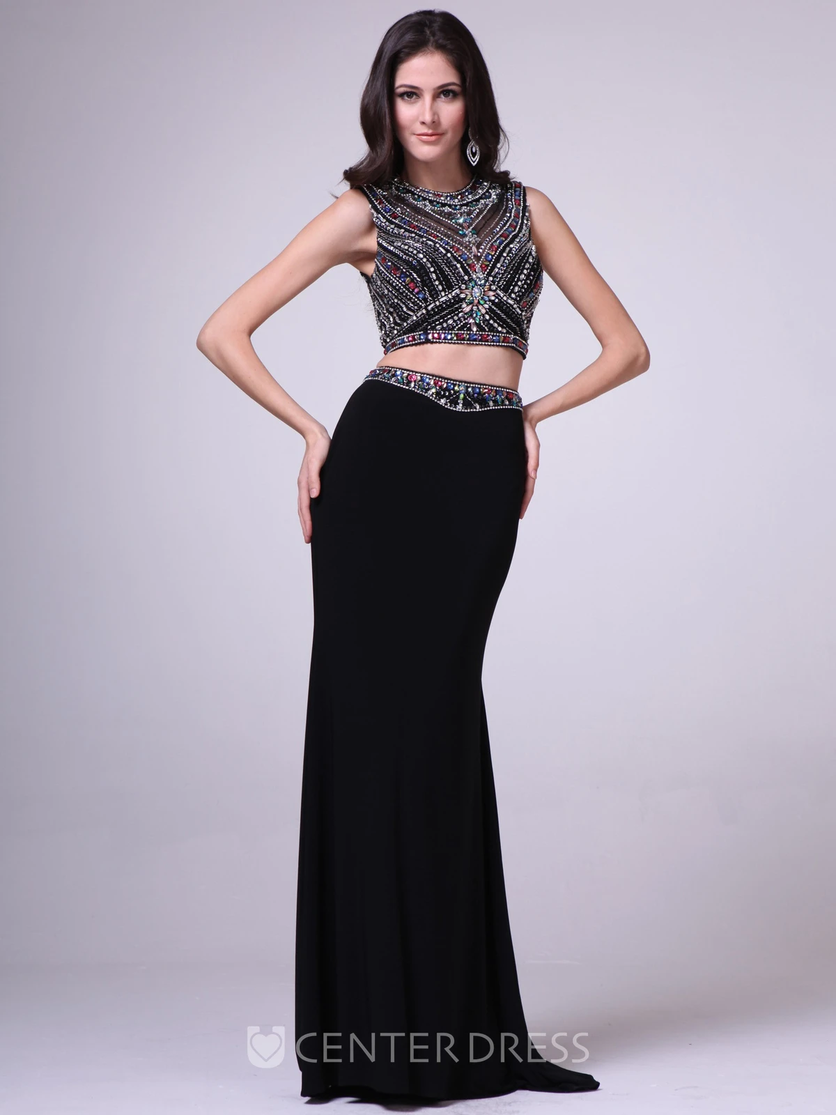 Two-Piece Sheath Maxi Jewel-Neck Sleeveless Jersey Illusion Dress With Crystal Detailing