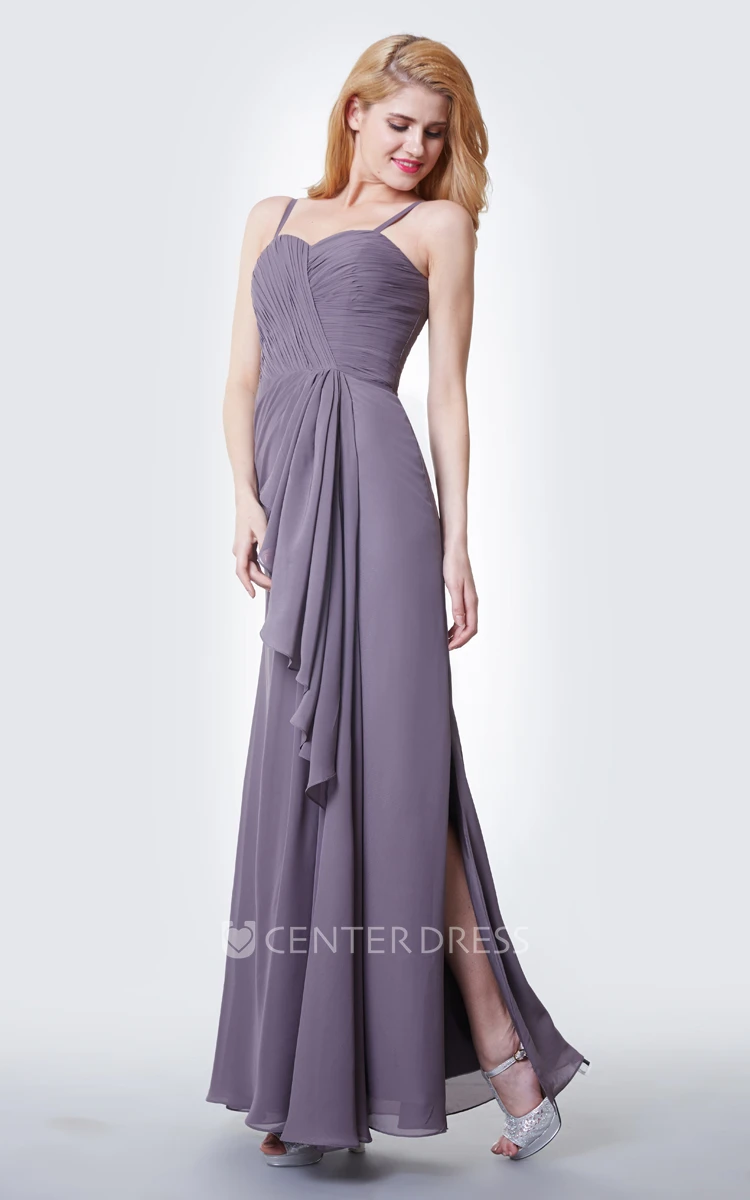 Sleeveless Draped Chiffon Gown With Ruching and Side Split
