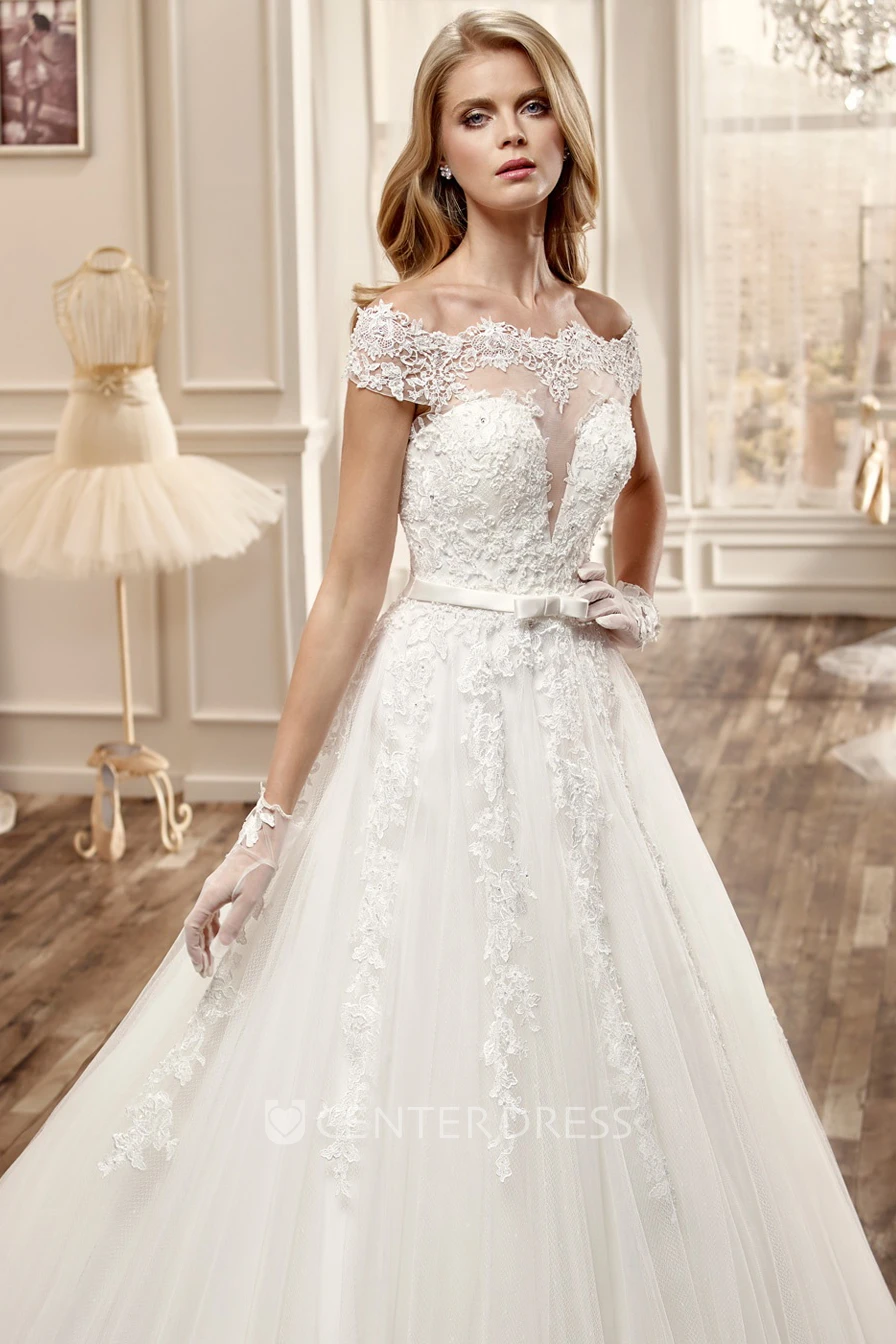 Off-Shoulder Lace A-Line Wedding Dress With Illusive Deep-V And Brush Train