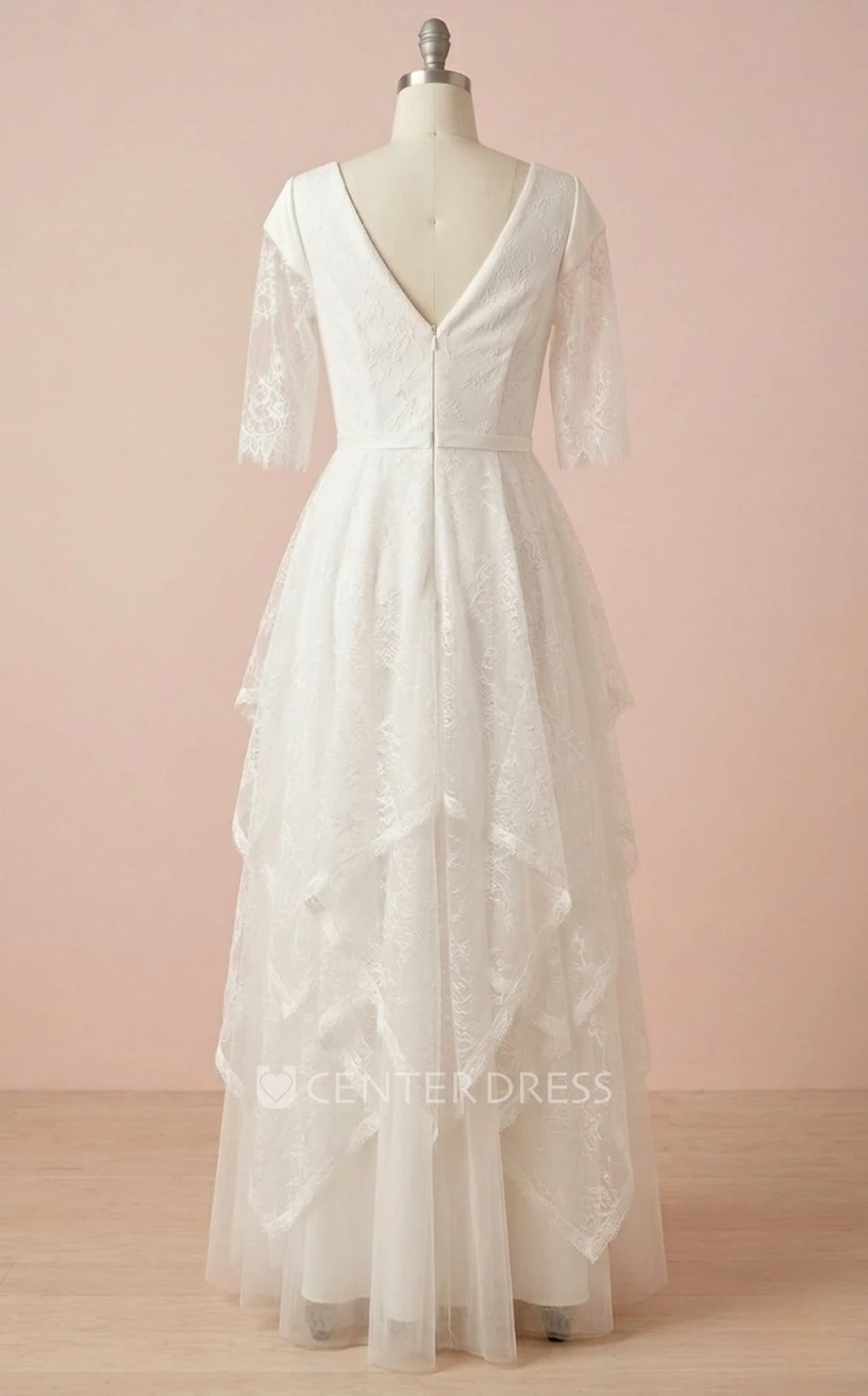 Bohemian A Line Half Sleeve V-neck Lace Country Spring Wedding Dress