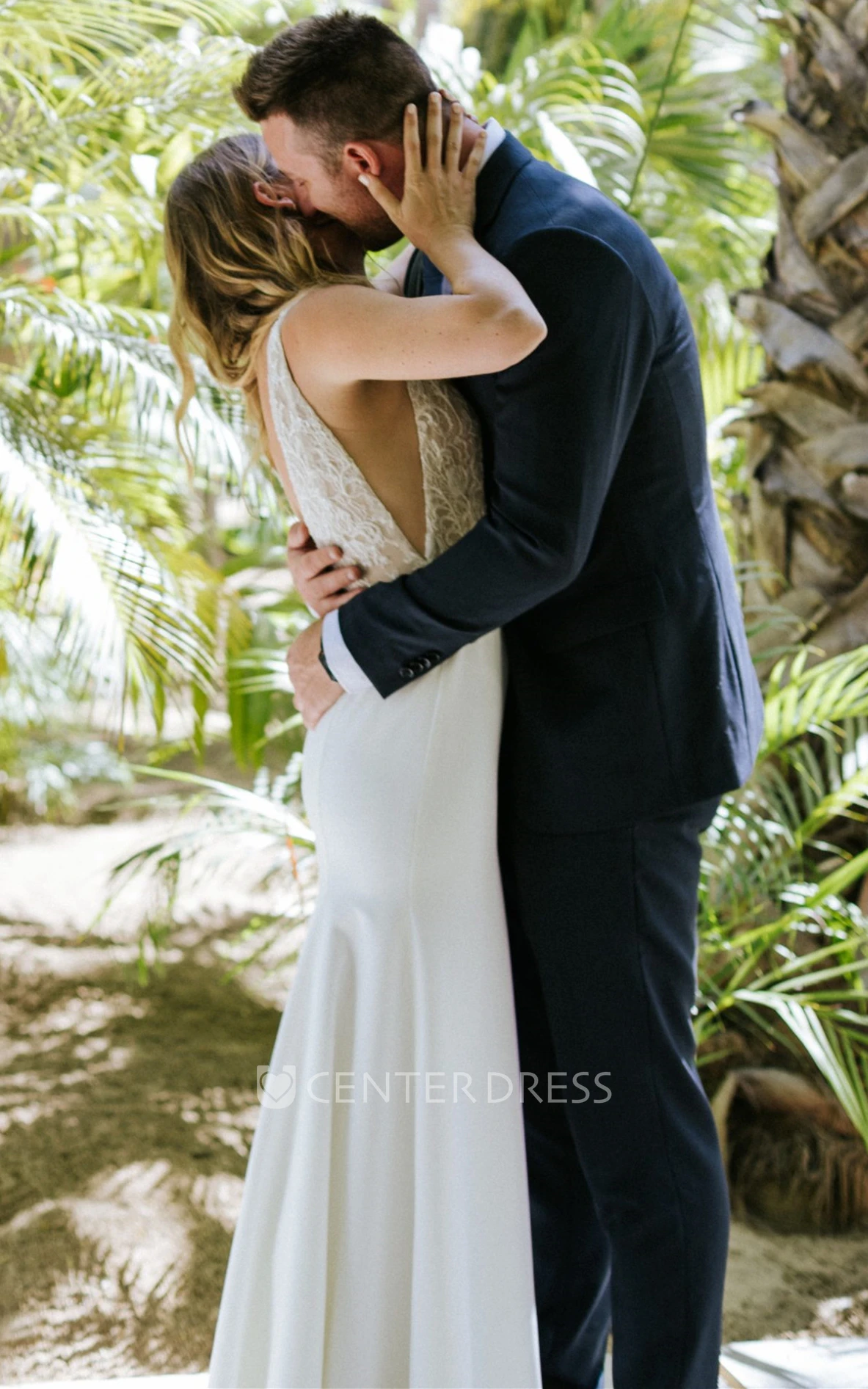 Beautiful Mermaid Chiffon and Lace V-neck Sweep Train Wedding Dress