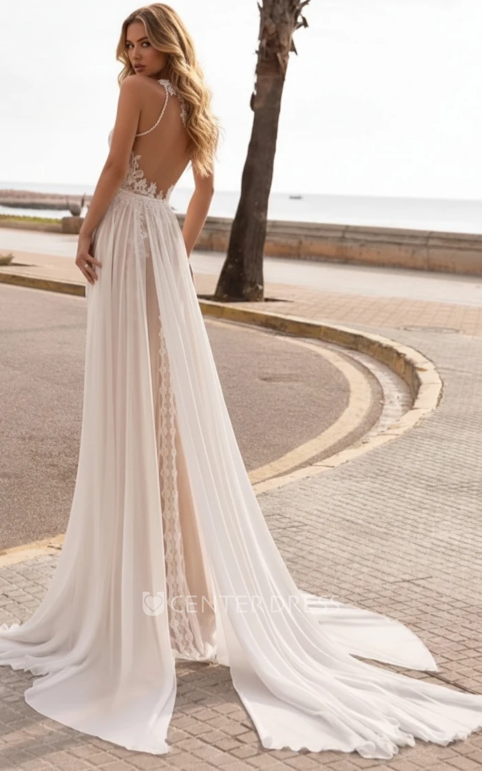 Vintage Boho Beach A-Line Lace Spring Wedding Dress Floral Sexy Modern Sleeveless Jewel Neck Bridal Gown with Train
