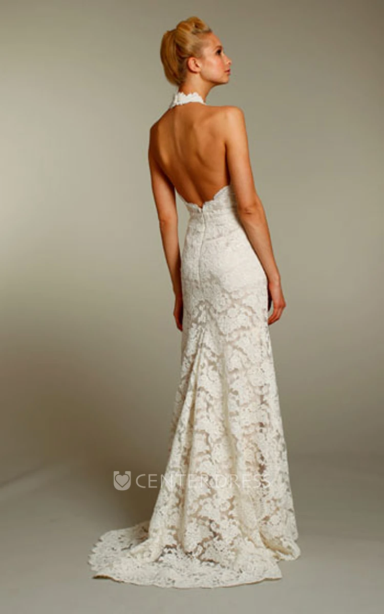 Fabulous Halter Neckline Lace Dress With Floral Embellished Waist