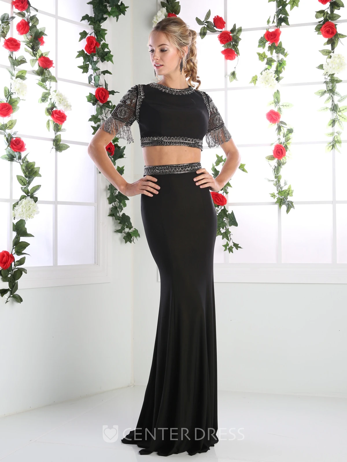 Two-Piece Sheath Jewel-Neck Poet Short Sleeve Jersey Backless Dress With Beading