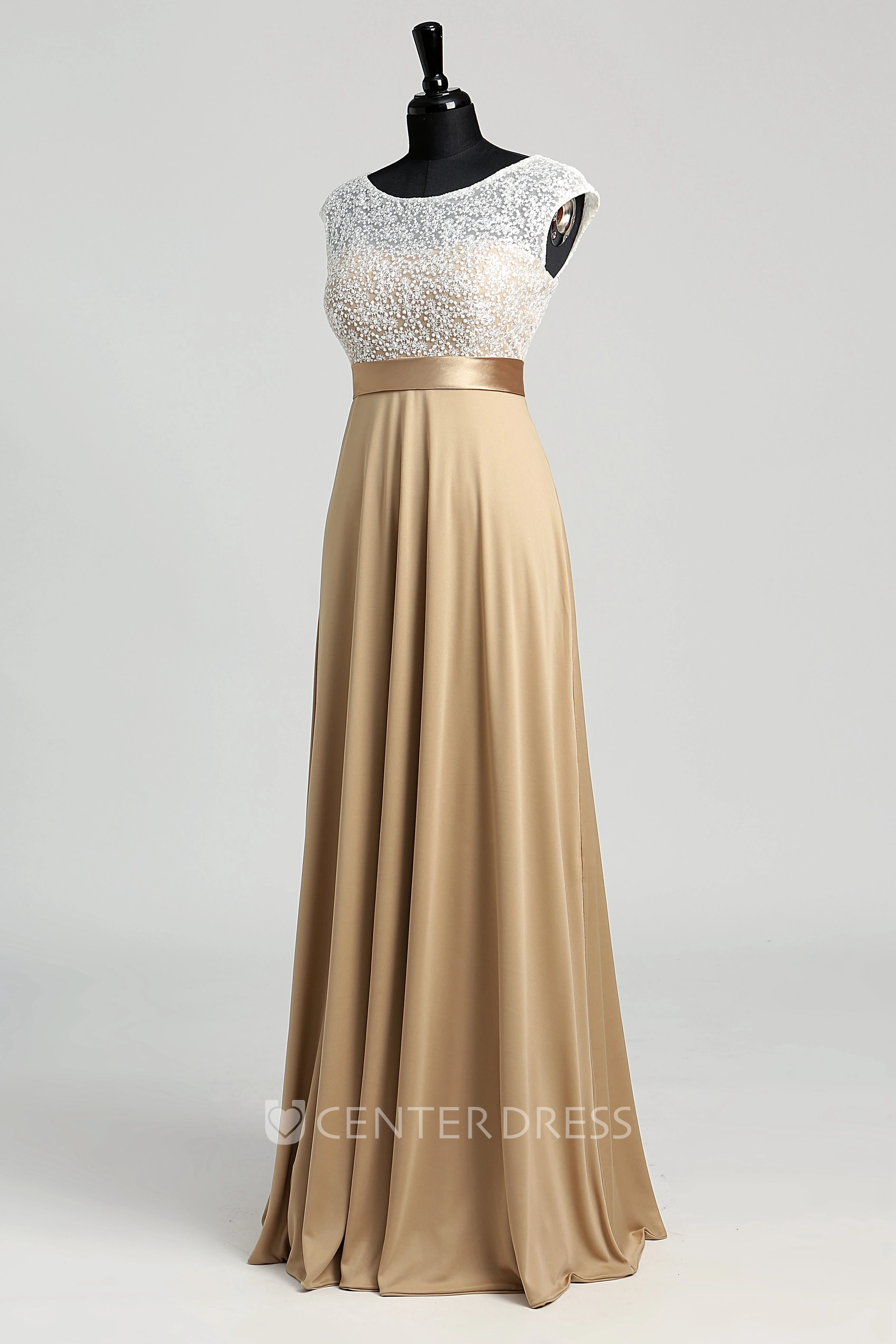 Jersey Lace A-line Bateau Cap Short Sleeve Lace Dress with Sash/Ribbon