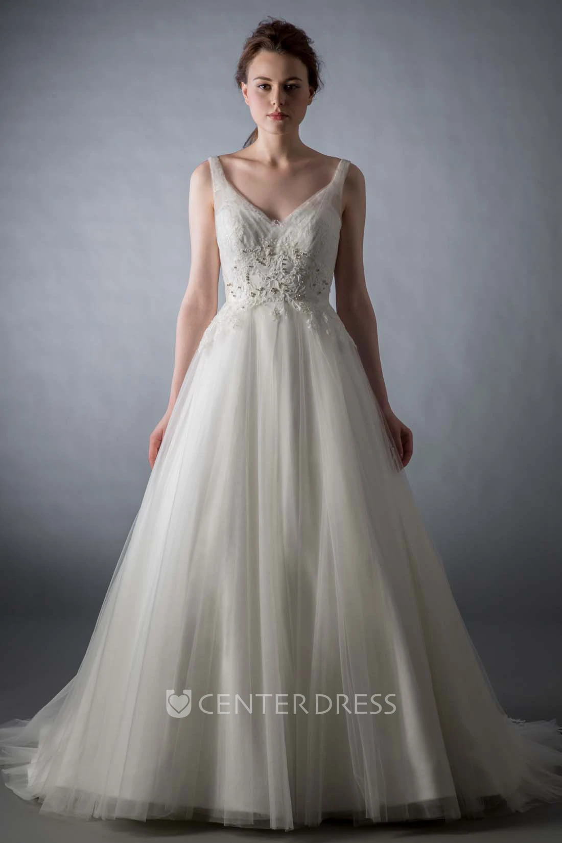 V-Neck Floor-Length Beaded Tulle Wedding Dress With Court Train And V Back