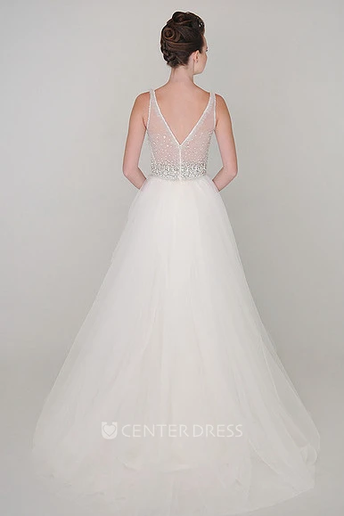 A-Line Beaded V-Neck Floor-Length Sleeveless Tulle Wedding Dress With Waist Jewellery