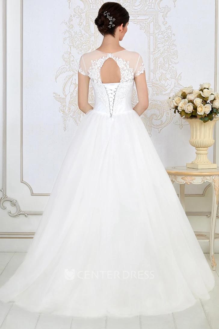 A-Line Short-Sleeve Appliqued Long Scoop-Neck Tulle Wedding Dress With Beading And Waist Jewellery