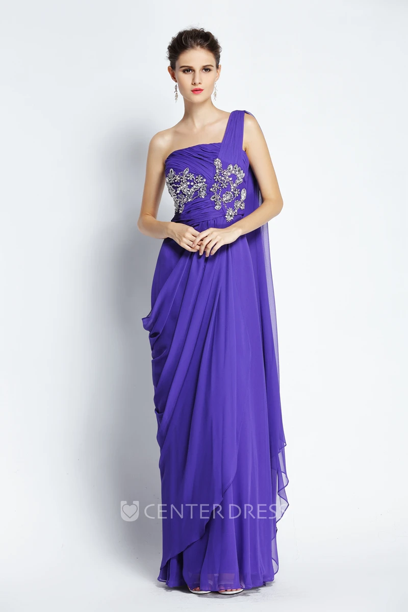 Floor-length Sleeveless A-Line One-shoulder Chiffon Prom Dress with Beading and Draping