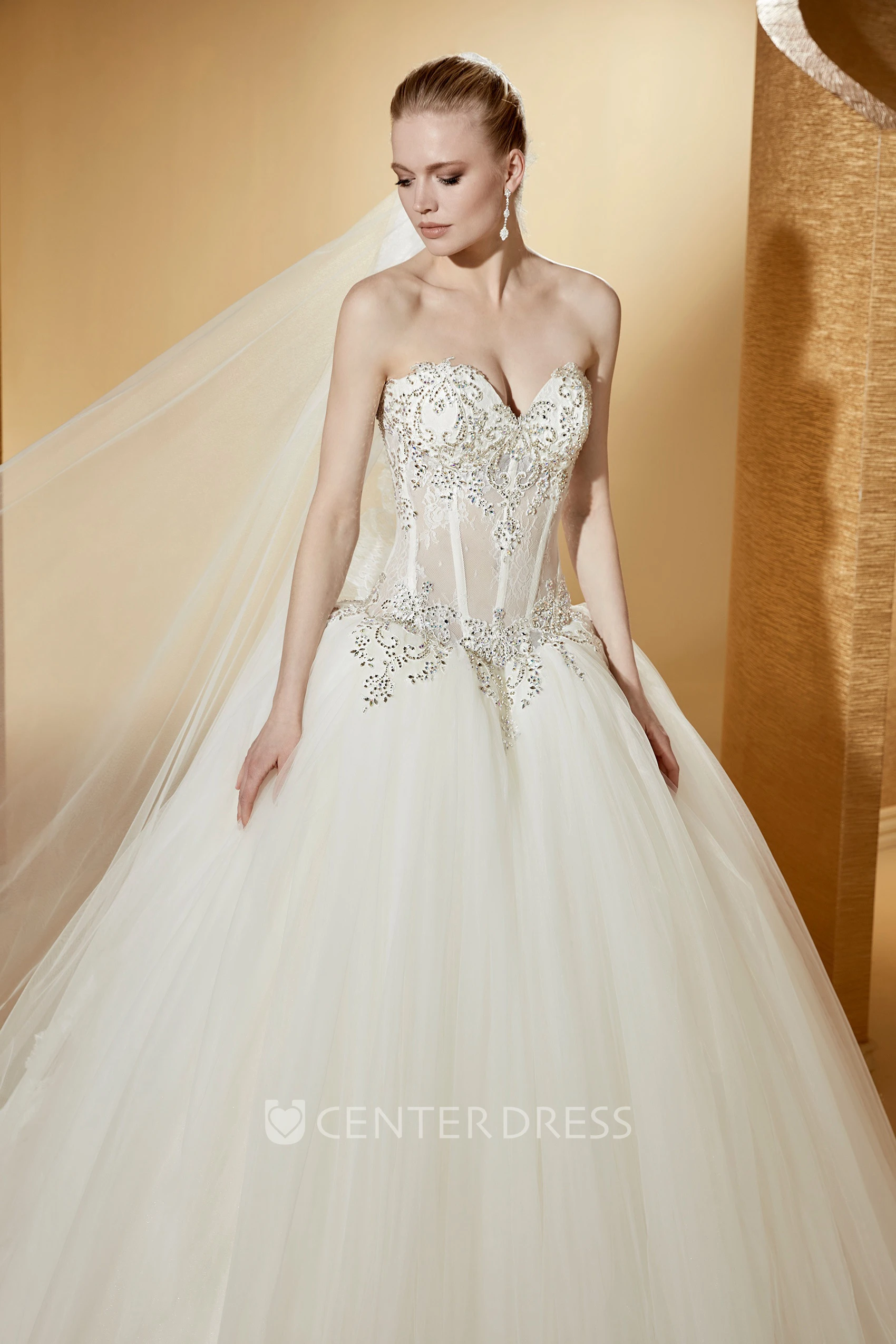 Chic Sleeveless Ball Gown With Beaded Corset And Lace-Up Back