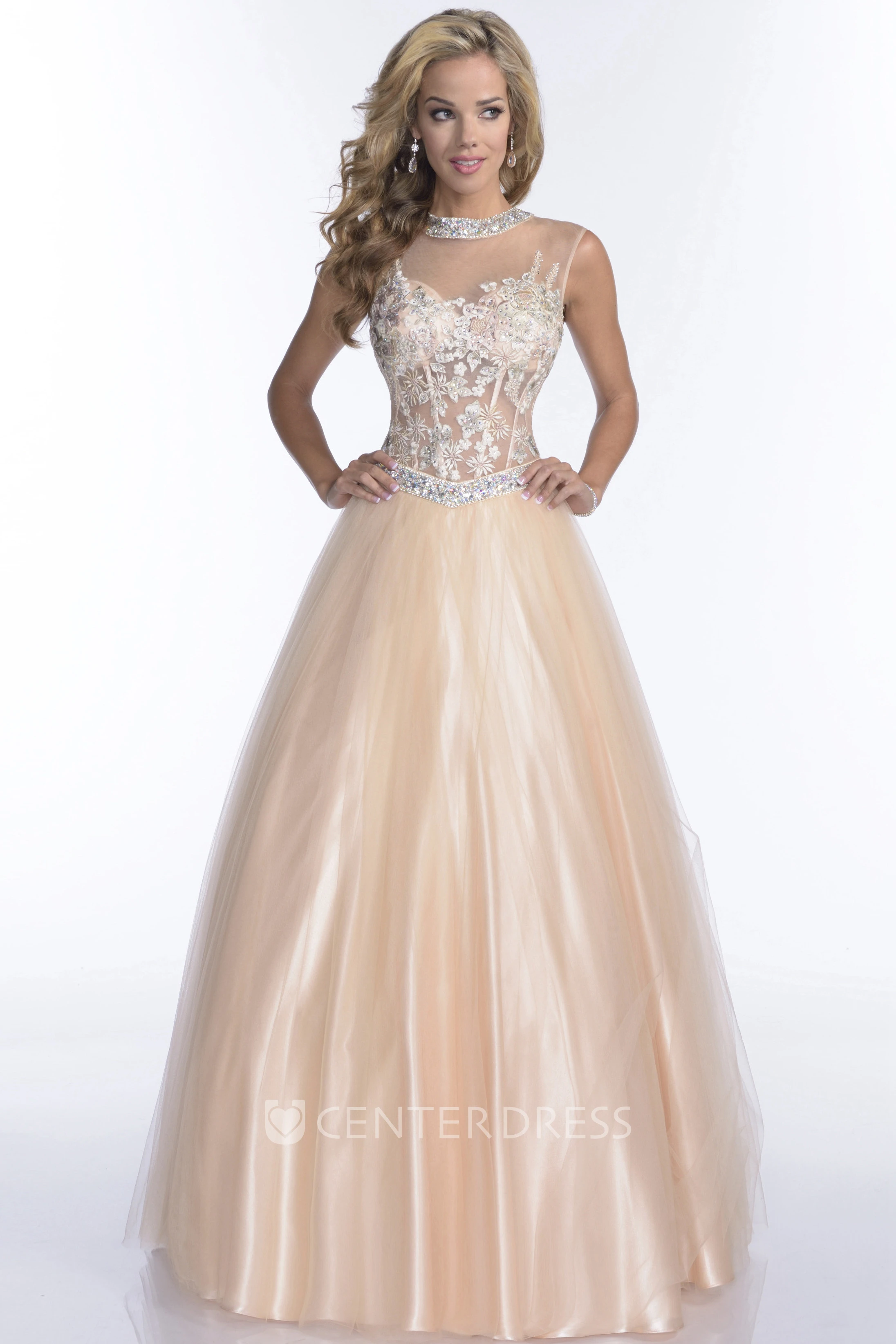 Tulle A-Line Sleeveless Crystal Neck Prom Dress With Keyhole Back And Lace Bodice