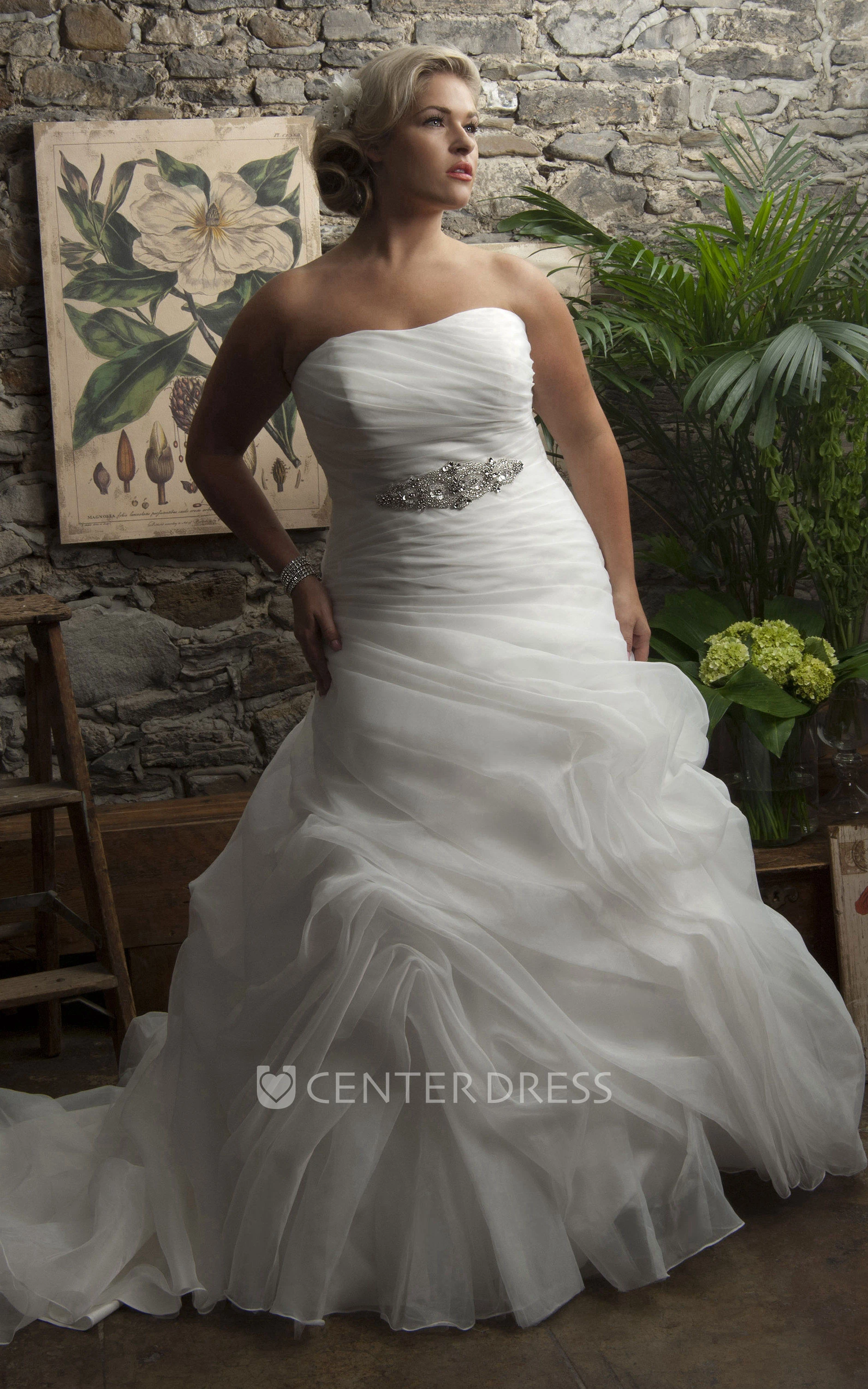 Strapless Ruched Mermaid Gown With Jeweled Waist