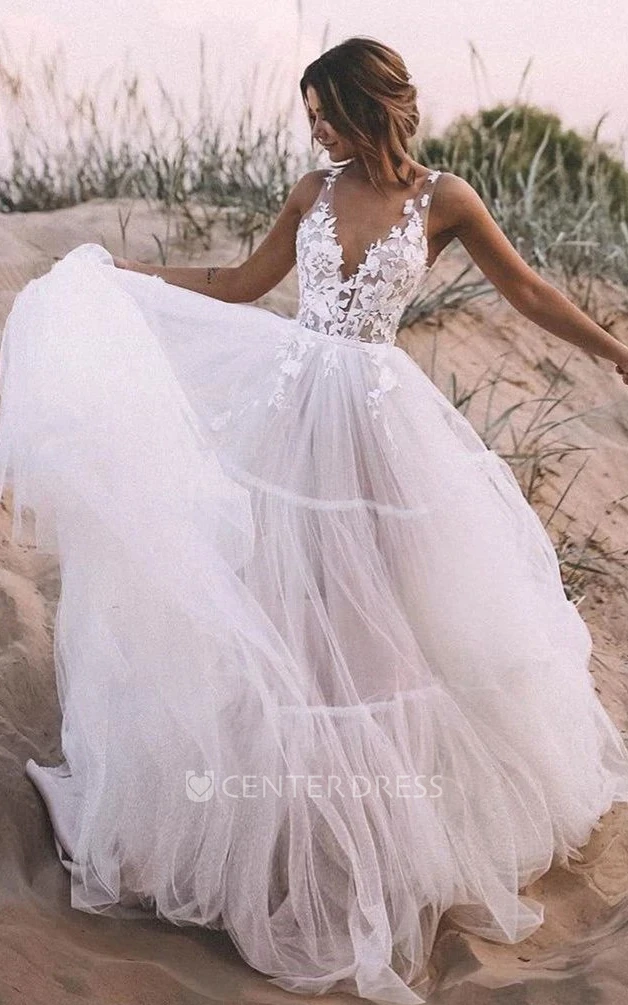 Casual V-neck Lace Tulle Floor-length Sleeveless Ball Gown Wedding