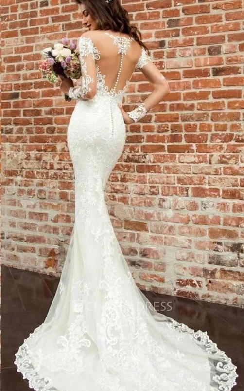 Lace Bateau Mermaid 3/4 Length Sleeve Court Train Button Wedding Dress With Appliques